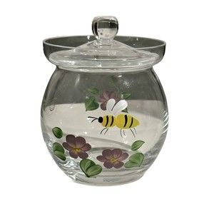 Vtg Glass Jam Jar Painted Honey Bees Flowers Clear Glass W Lid Made In Hungary